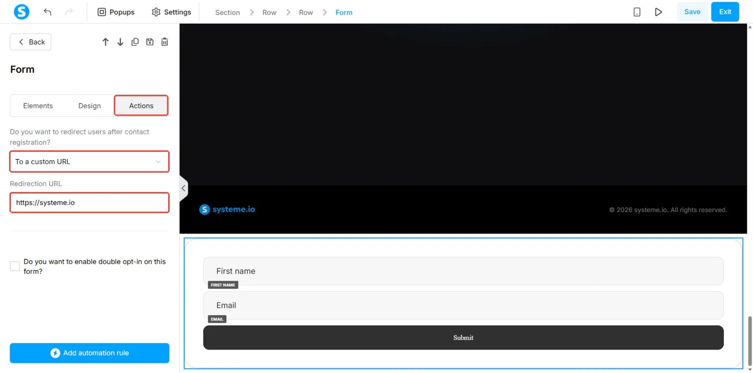 Form Actions tab showing redirect to a custom URL and the double opt-in option