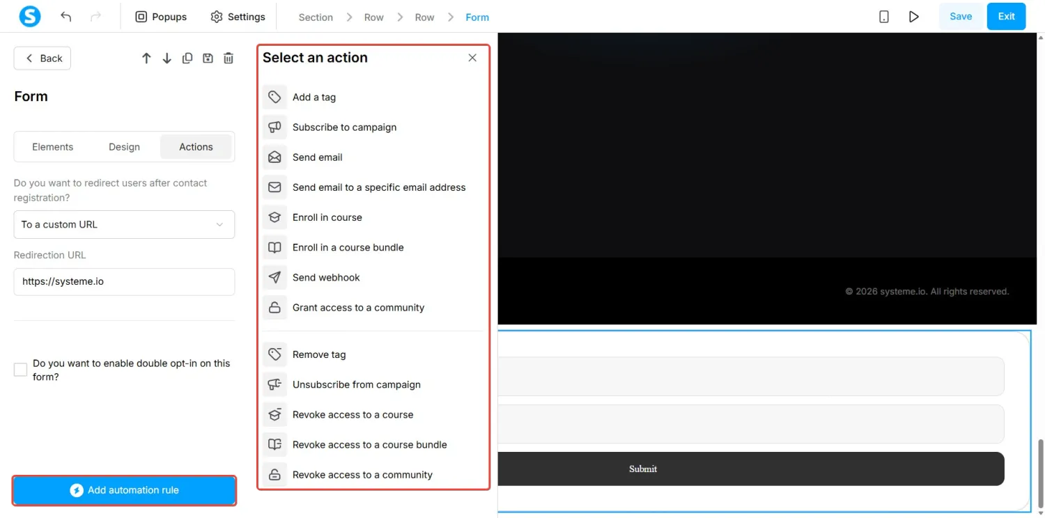 Select an action menu listing automation rules such as Add a tag, Subscribe to campaign and Send email