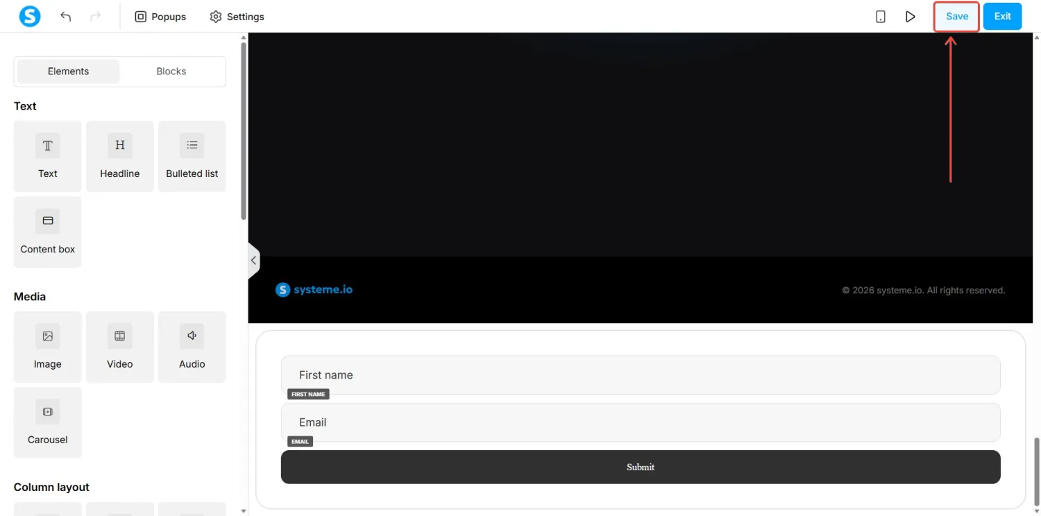 systeme.io editor with the native form added and the Save button highlighted