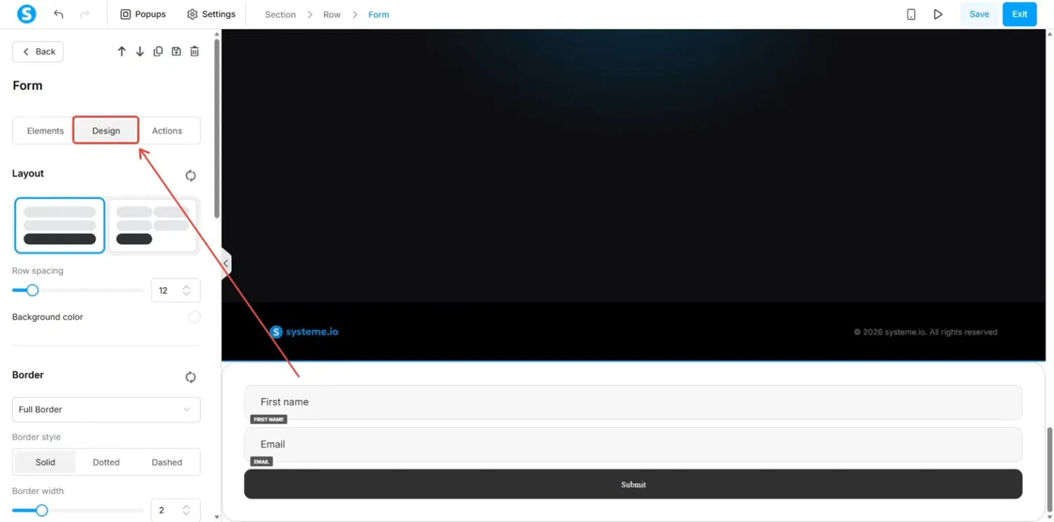 Native form settings with the Design tab highlighted