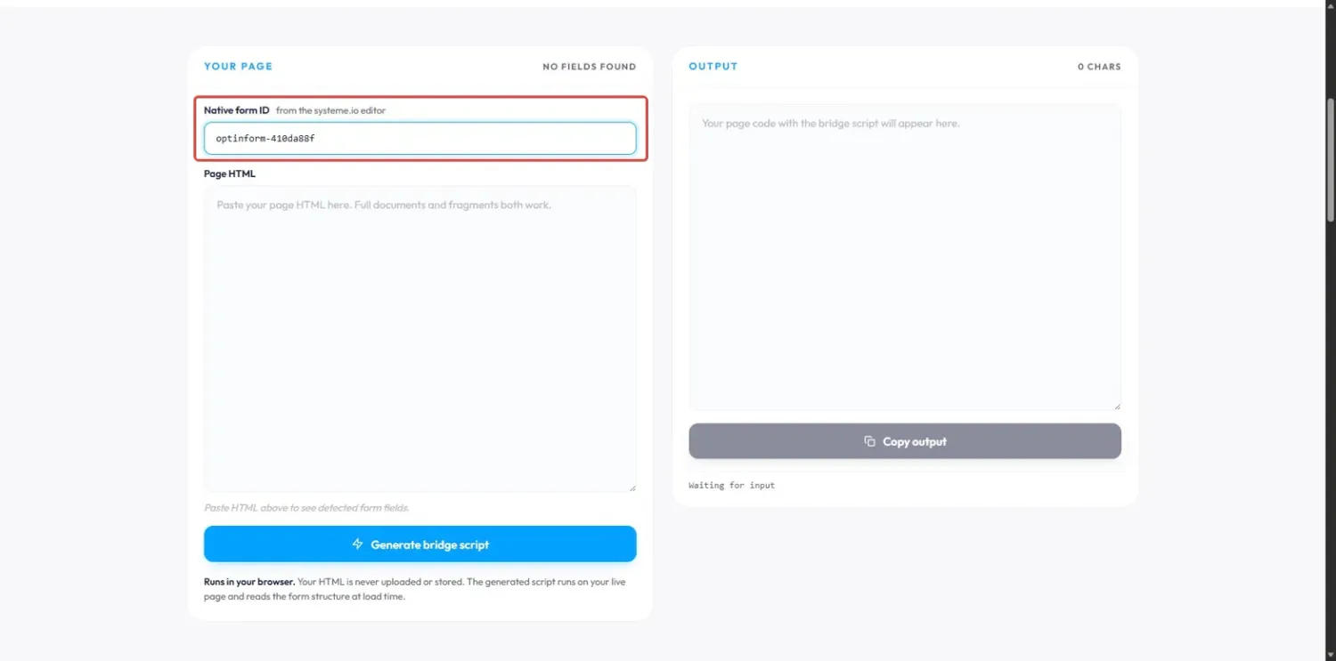 HTML Form Connector with the native form ID pasted into the Native form ID field