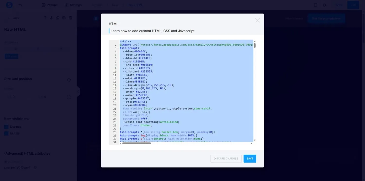 All code selected inside the Raw HTML code editor