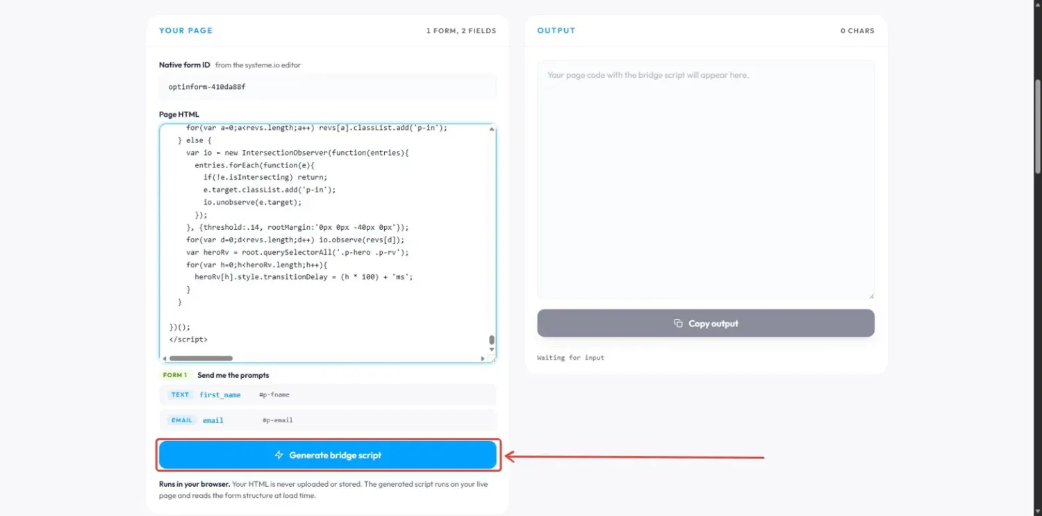 HTML Form Connector showing detected form fields and the Generate bridge script button