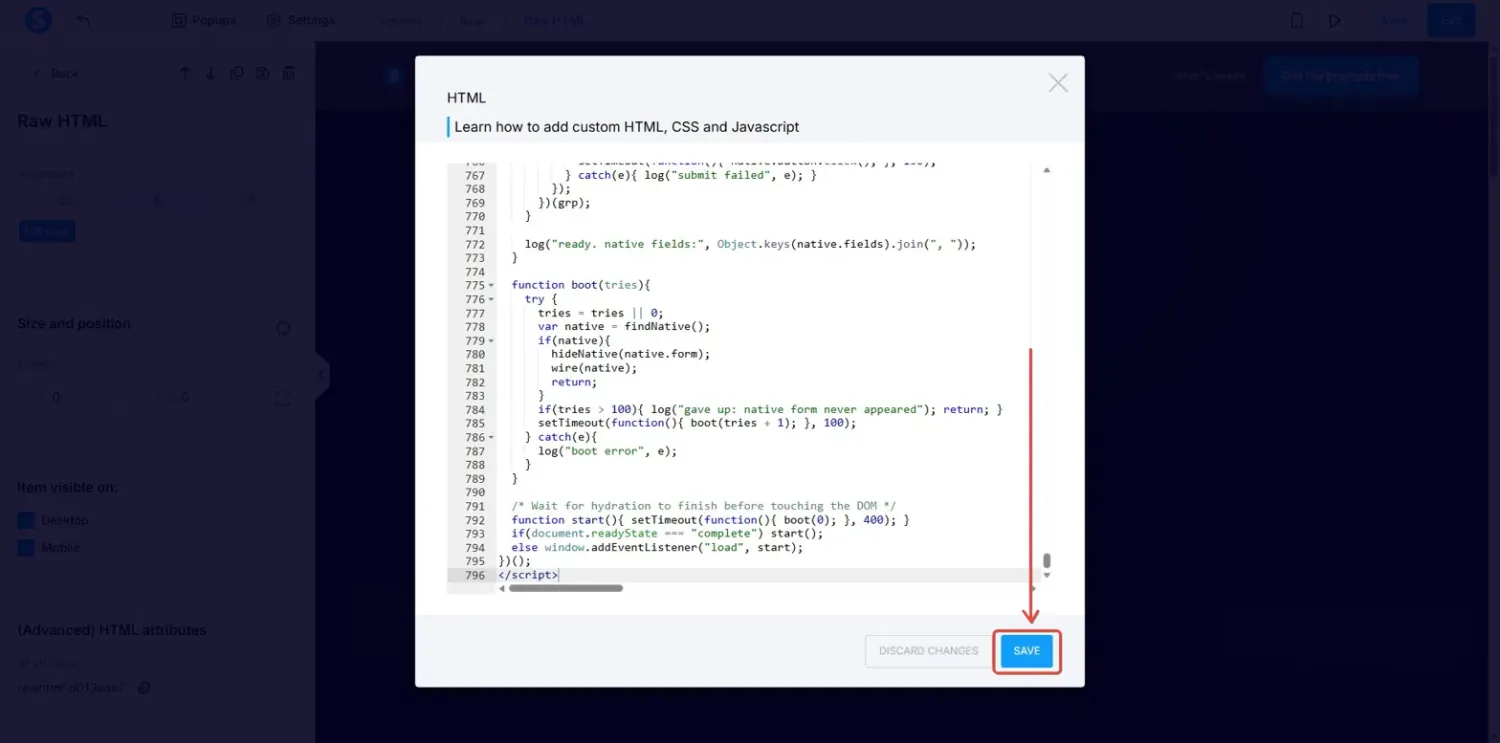 Raw HTML code editor with the bridge script at the bottom and the Save button highlighted