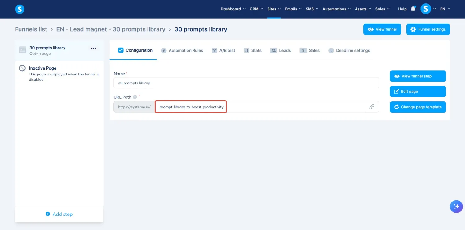 Funnel step configuration with the URL Path field highlighted