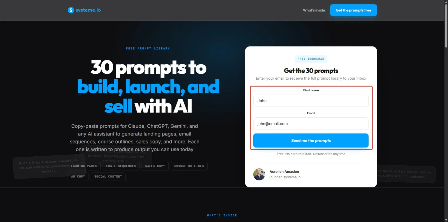Live Claude-built landing page with a test first name and email entered in the opt-in form