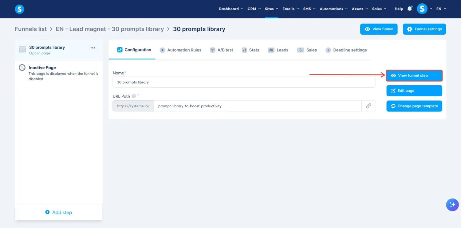 Funnel step configuration with the View funnel step button highlighted