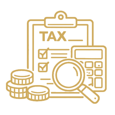 icon drawing with a tax clipboard, calculator, magnifying glass and coins