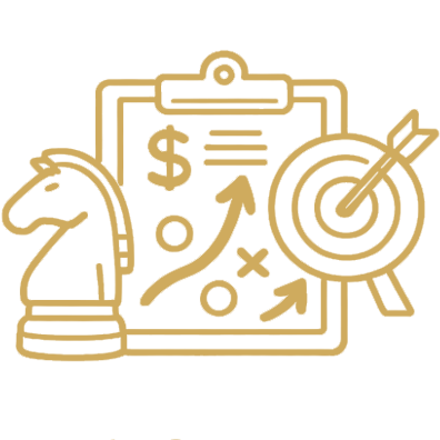 icon drawing with a knight chess piece, a clipboard showing arrows and circles, and a target with an arrow in the center