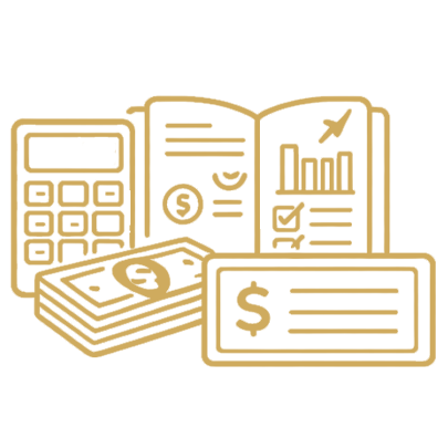 icon drawing with open book showing lines and a chart, a stack of money, a calculator, and a check