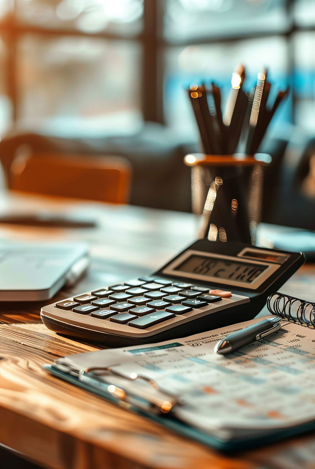 payroll concept with pen and calculator