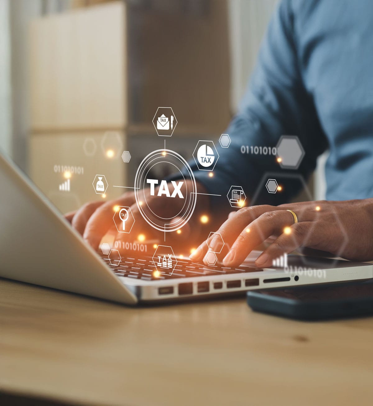 business man computer and overlay of tax words