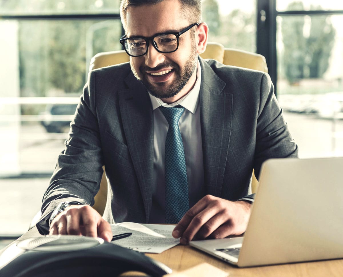 man having a conference call