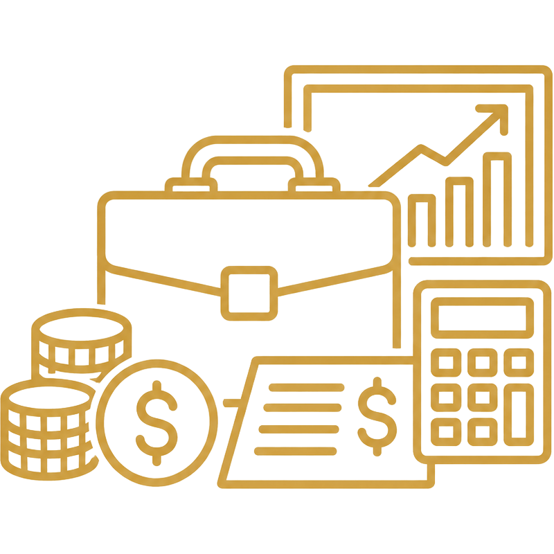 icon drawing with open book showing lines and a chart, a stack of money, a calculator, and a check