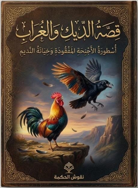 رسم تعبيري لأسطورة الديك والغراب وكيف استعار الغراب جناحي الديك وطار بهما
