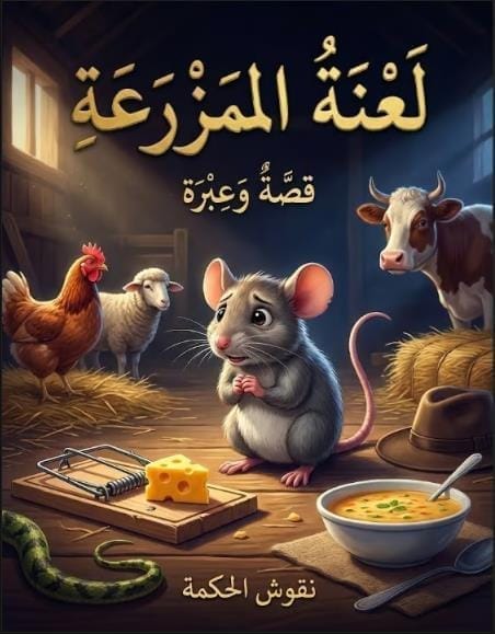 رسم تعبيري لقصة لعنة المزرعة وتحذير الفأر للحيوانات من المصيدة التي تجاهلوها