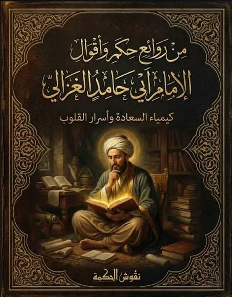 غلاف كتاب روائع حكم الإمام الغزالي كيمياء السعادة بتصميم مخطوطات تراثية فاخرة