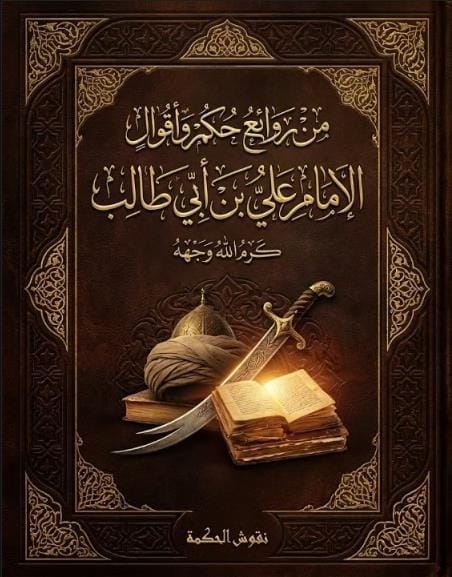 غلاف كتاب روائع حكم الإمام علي بن أبي طالب بتصميم مخطوطات ذهبية فاخرة