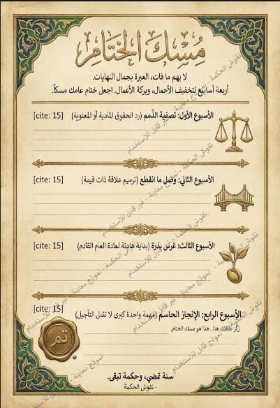 وثيقة مسك الختام لتخطيط بداية عام 2026 بتصميم تراثي للطباعة والآيباد