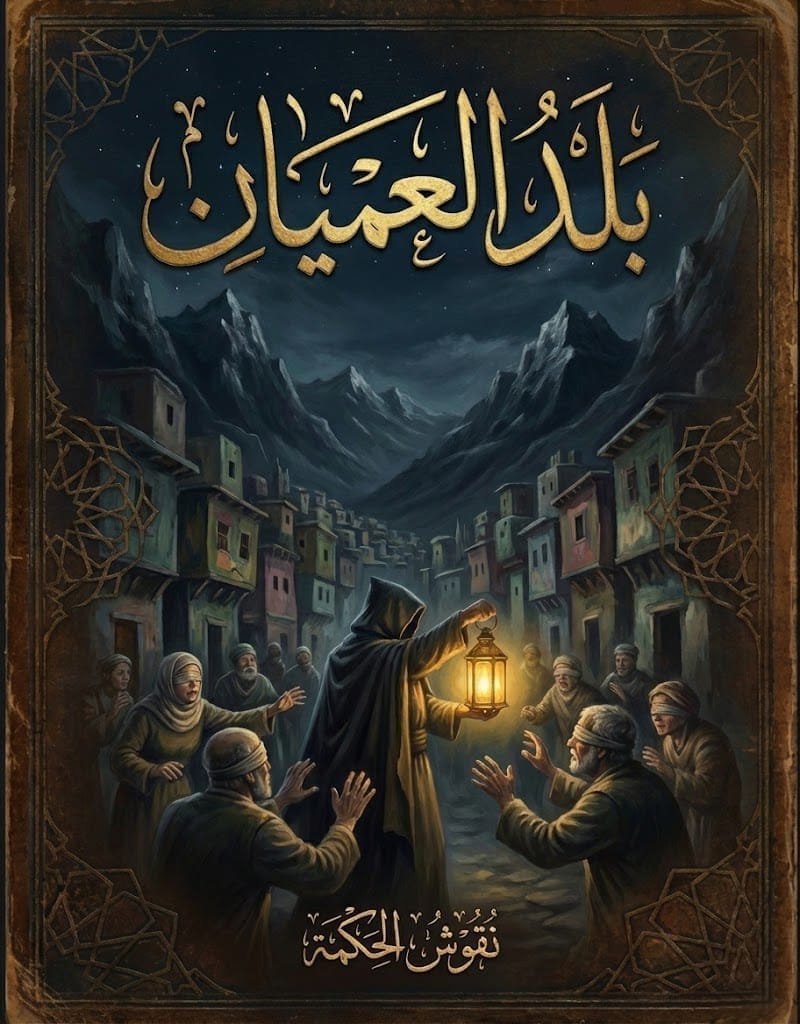 رسم تعبيري لقصة بلد العميان والصراع بين نيونز المبصر وسكان الوادي الذين يعتبرون الإبصار مرضاً