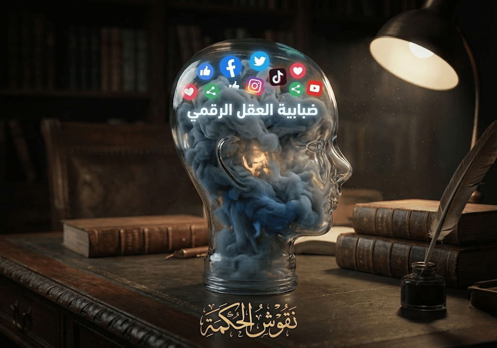 رأس زجاجي مليء بالضباب الرقمي وأيقونات شبكات التواصل الاجتماعي الفوضوية، يعبر عن "ضبابية العقل الرقمي" وتشتت الانتباه كعرض لإدمان الدوبامين.