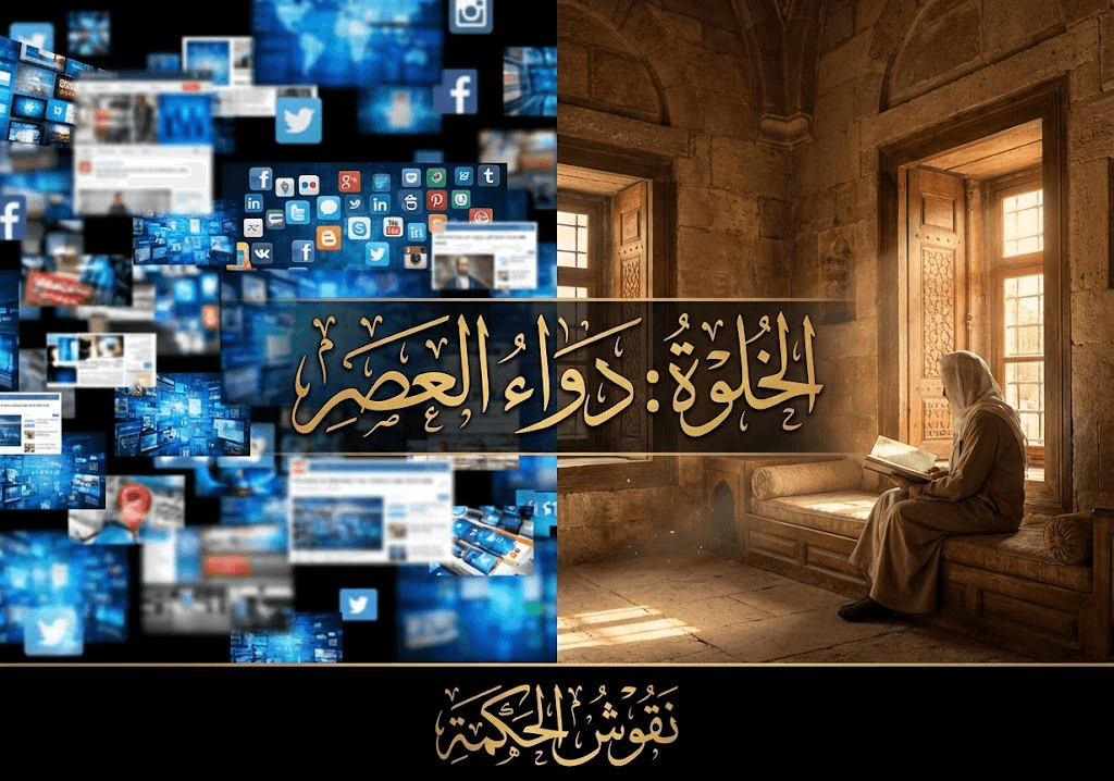 مقارنة بصرية بين فوضى الشاشات الرقمية على اليسار وهدوء الخلوة التراثية الإسلامية على اليمين، مع نص "الخلوة: دواء العصر" كحل لمشكلة التشتت من نقوش الحكمة.
