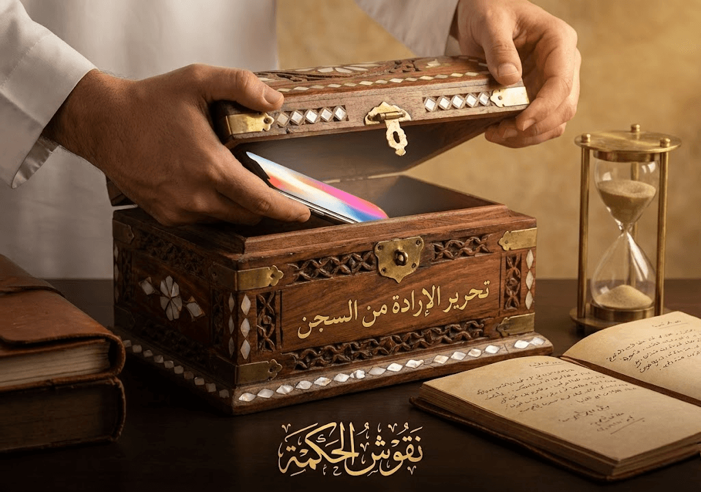 أيدٍ تضع هاتفاً ذكياً داخل صندوق خشبي عتيق لإغلاقه، بجانبه ساعة رملية ودفتر ملاحظات، مع عبارة "تحرير الإرادة من السجن" كخطوة عملية لصيام الدوبامين.