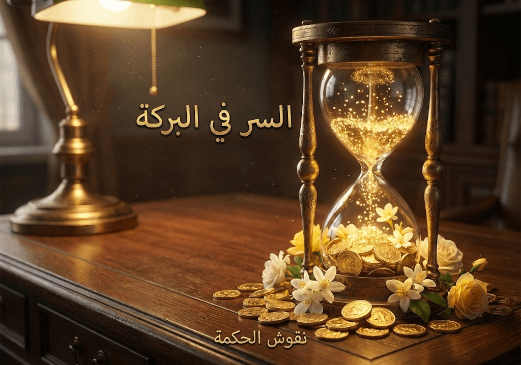 صورة رمزية لساعة رملية عتيقة، لكن الرمل الذهبي فيها يتكاثر ويزداد في الأسفل بدلاً من أن ينقص، رمزاً للبركة والنماء في الوقت القصير