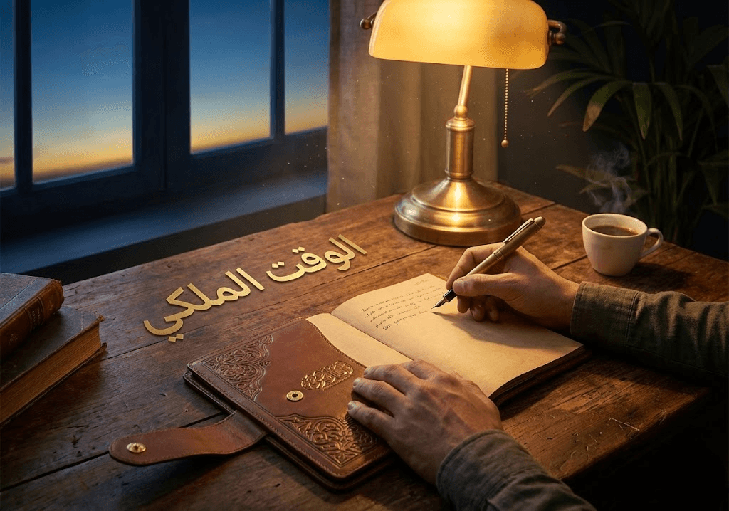 شخص يجلس في هدوء الصباح الباكر يخطط يومه في دفتر ملاحظات فخم مع قهوة وإضاءة خافتة