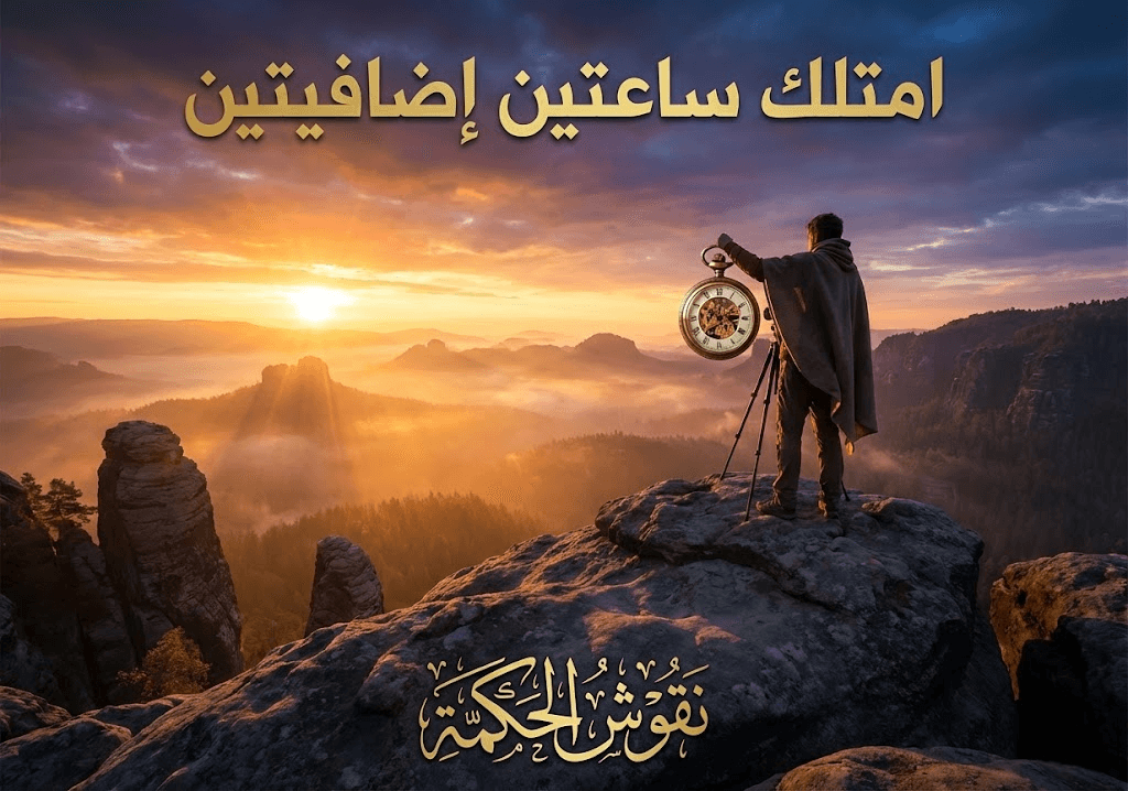 صورة ملهمة تعبر عن امتلاك الوقت والسيطرة على اليوم. شخص يقف بثقة عند الشروق، ناظراً لأفق واسع يمثل الفرص التي يغتنمها في الساعات الأولى.