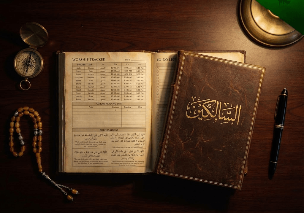 صورة علوية فاخرة لمفكرة السالكين مفتوحة على مكتب خشبي، تظهر جدول العبادات وقائمة المهام، بجانبها مسبحة وبوصلة نحاسية تعكس دقة التخطيط الإسلامي من نقوش الحكمة.