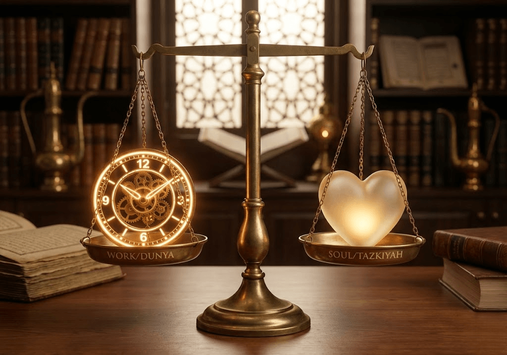 صورة تعبيرية لميزان يوازن بين الوقت (ساعة) والروح (قلب مضيء)، تمثل التوازن بين الإنتاجية وتزكية النفس في منهجية السالكين.