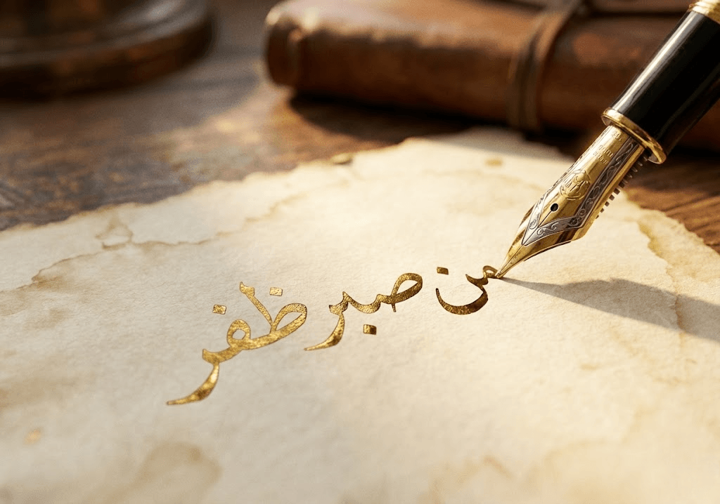 لقطة مقربة لقلم حبر يكتب عبارة "من صبر ظفر" بخط عربي ذهبي على ورق معتق، تجسد الحكم اليومية الموجودة داخل مفكرة السالكين.