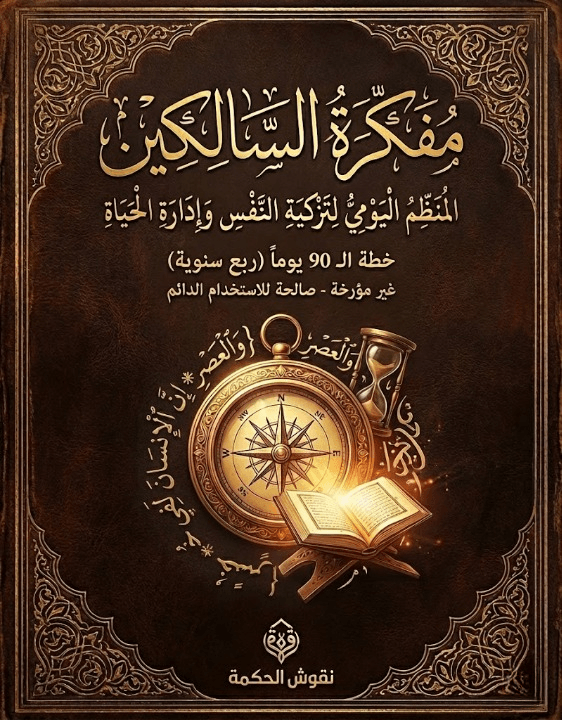 مفكرة السالكين بتصميم تراثي فاخر على مكتب خشبي عتيق يعكس البركة في الوقت