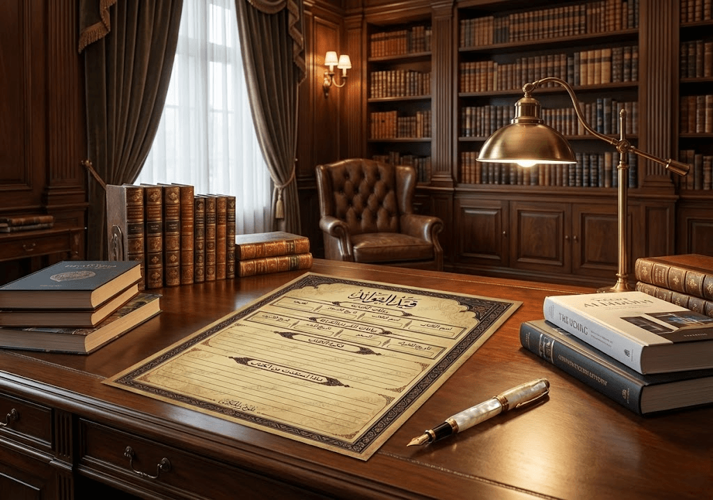 صورة لمنتج رقمي فاخر على مكتب فخم للفاية في جو يدل على العلم والمعرفة