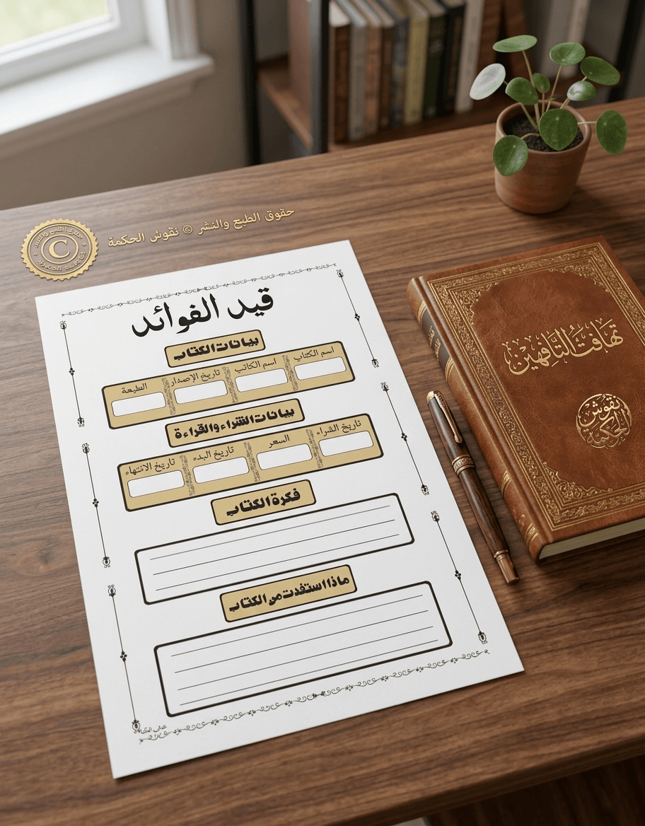 صحيفة قيد الفوائد لتوثيق الكتب بتصميم إسلامي فاخر.