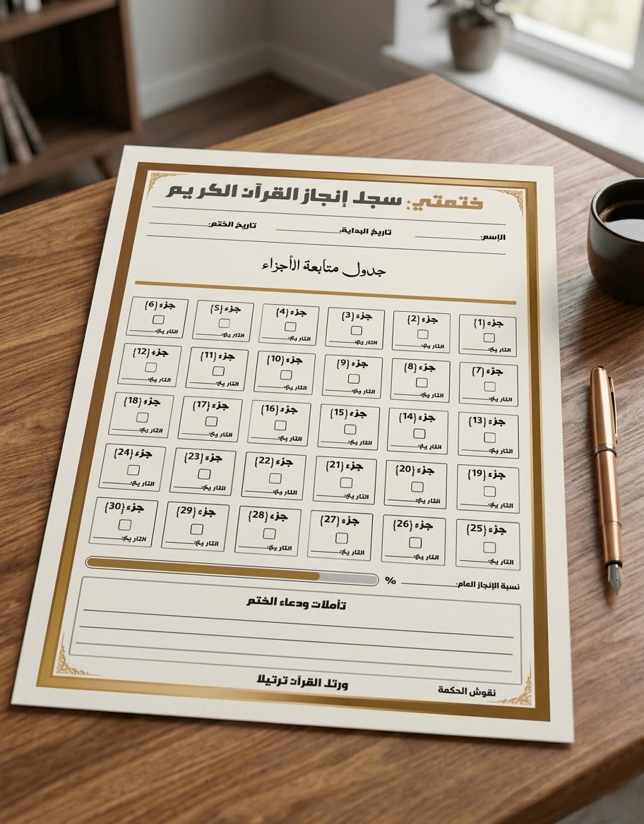 تصميم جدول النور لمتابعة ختمة القرآن الكريم بزخارف إسلامية ذهبية فاخرة للطباعة