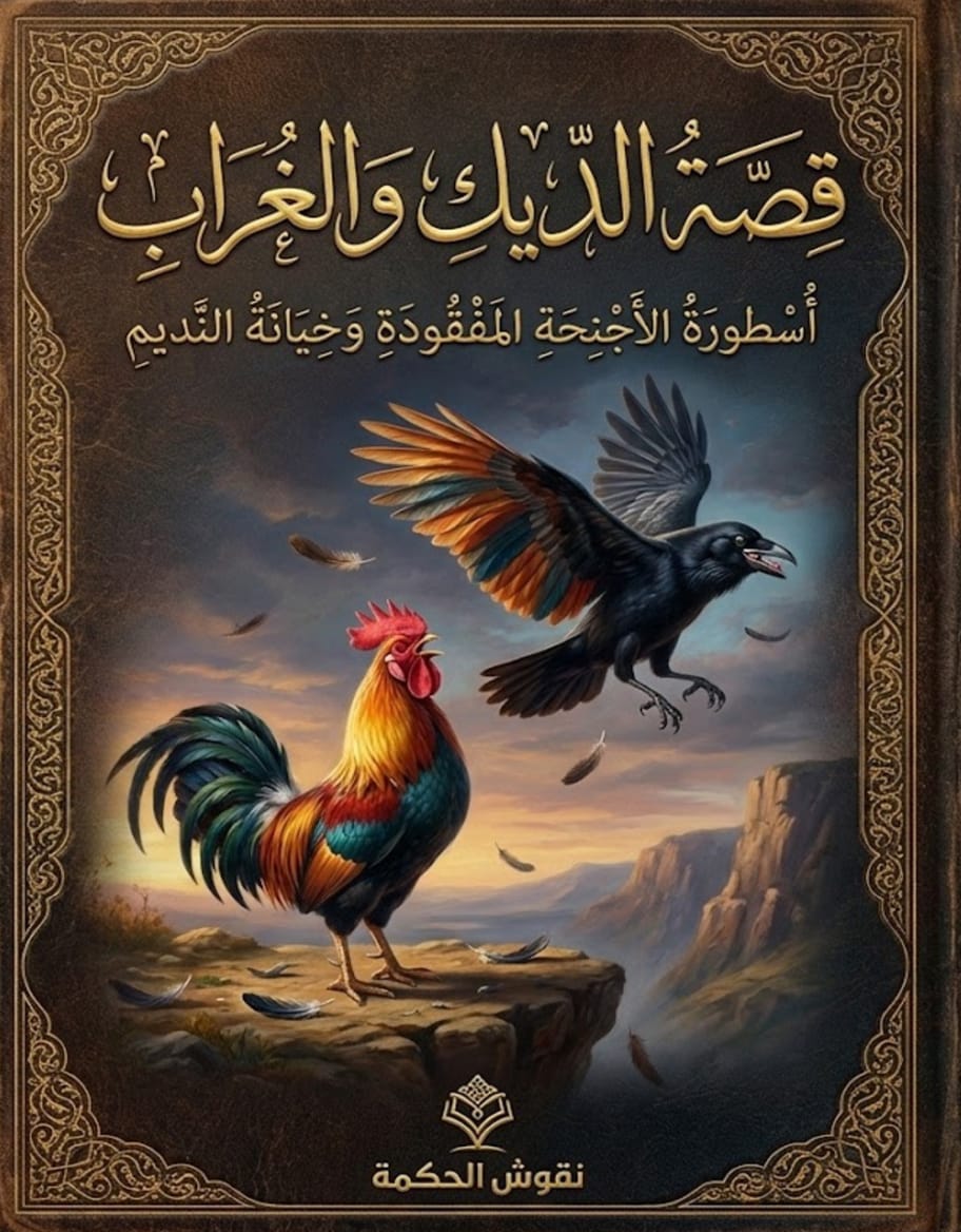 رسم تعبيري لأسطورة الديك والغراب وكيف استعار الغراب جناحي الديك وطار بهما
