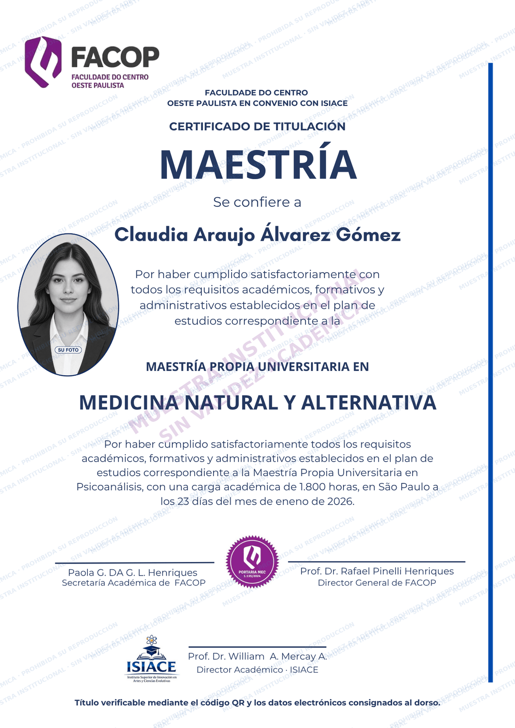 Muestra del título de Maestría en Medicina Natural y Alternativa