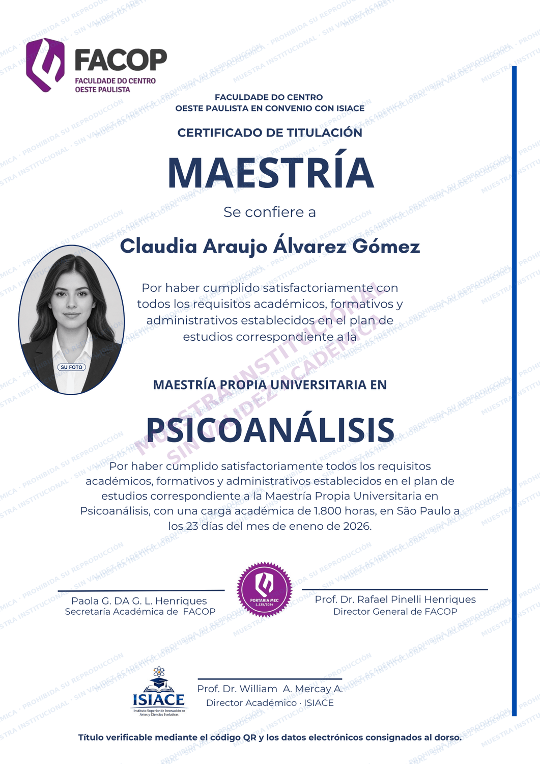 Ejemplo del Título Propio de Maestría en Psicoanálisis de 1.800 horas