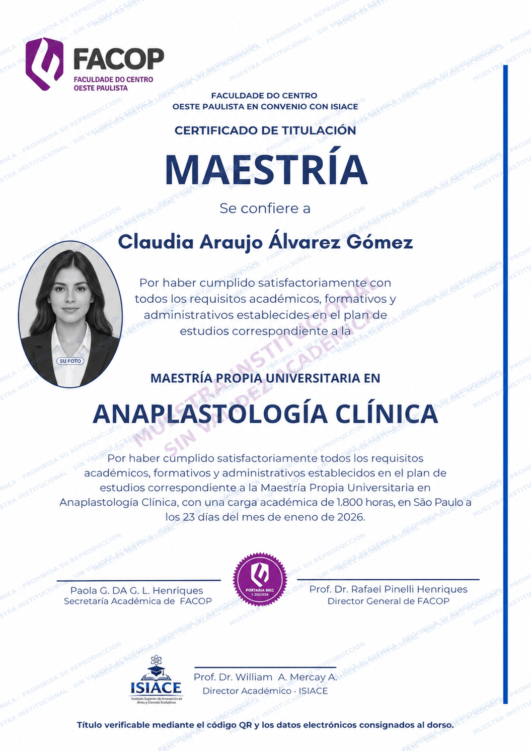 Muestra del título de Maestría Propia en Anaplastología Clínica — sin validez académica