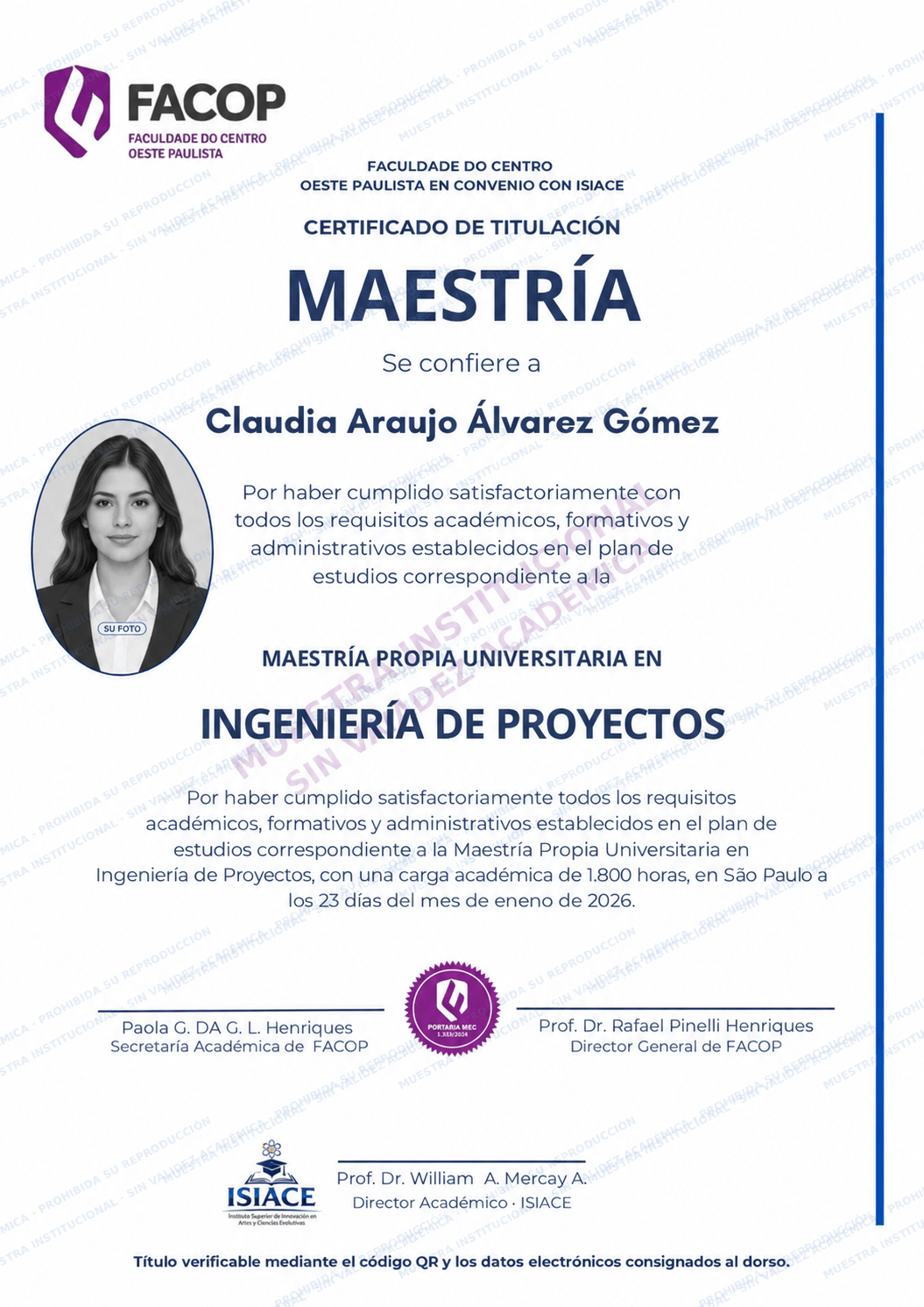 Muestra del título de Maestría Propia en Ingeniería de Proyectos — sin validez académica