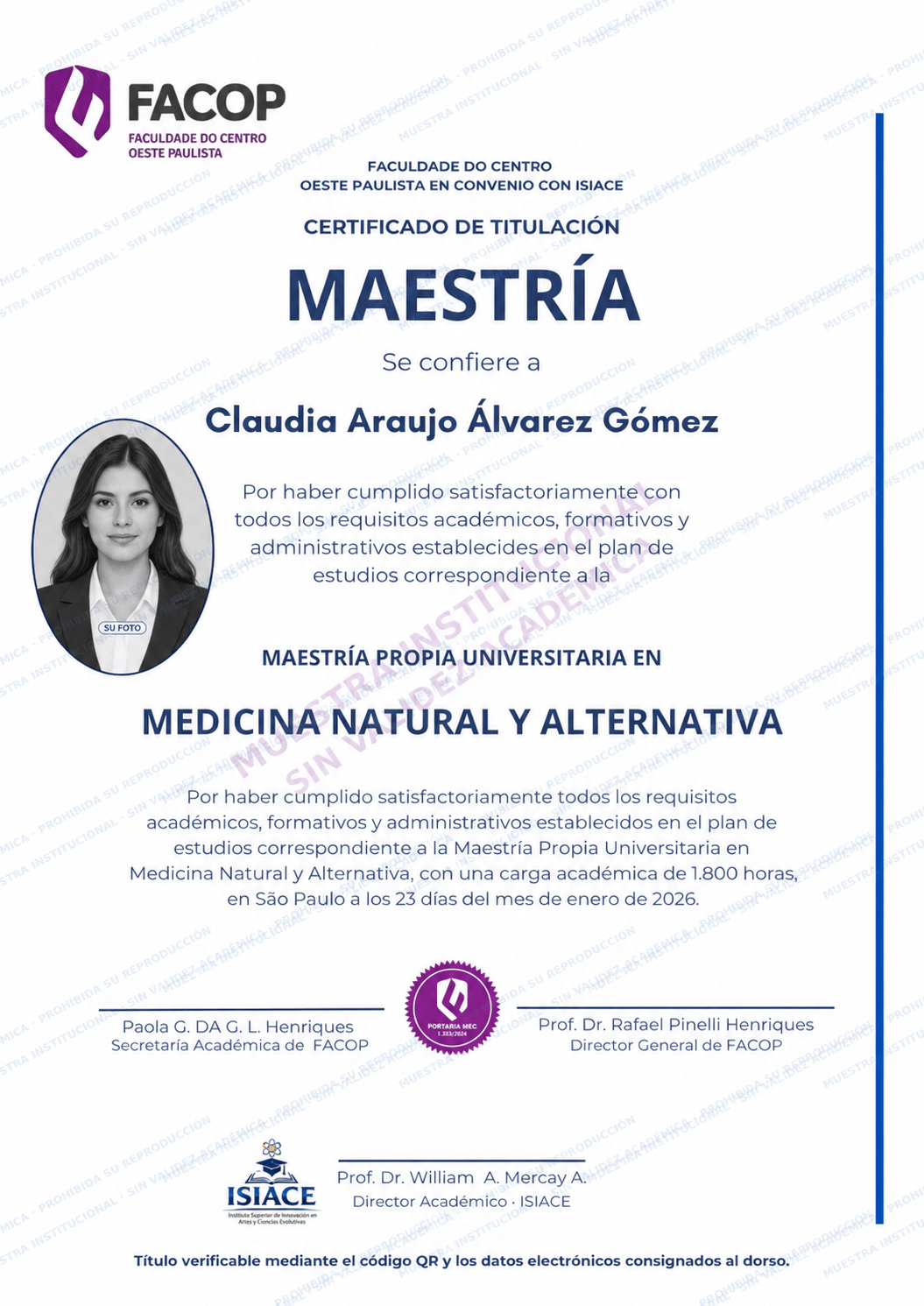 Muestra del título de Maestría Propia en Medicina Natural y Alternativa — sin validez académica