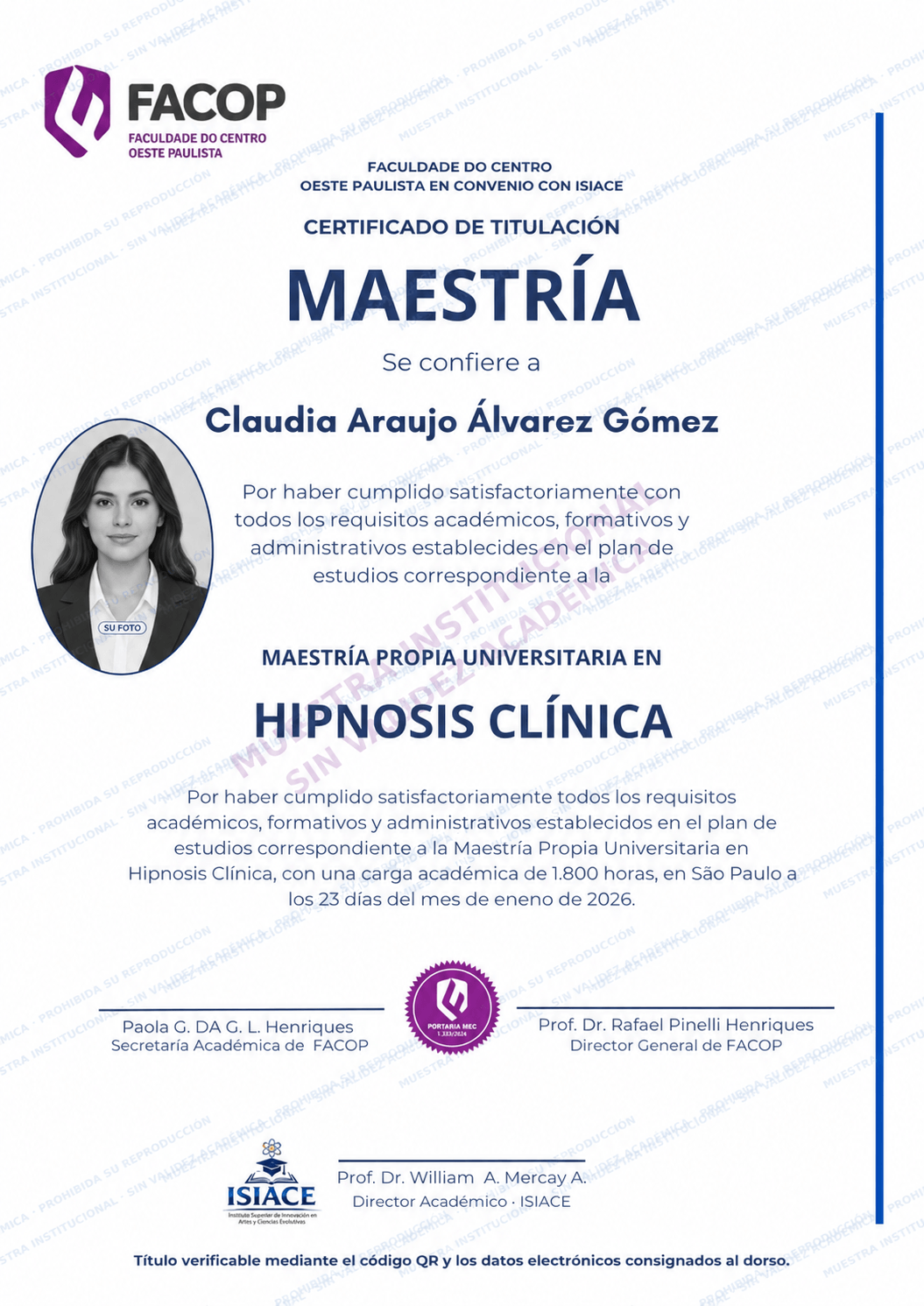 Muestra del título de Maestría Propia en Hipnosis Clínica — sin validez académica