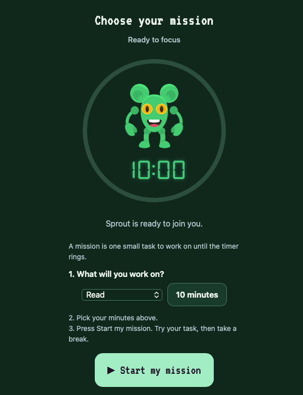 Choose your mission focus timer with a task selector, ten-minute timer, and a Start my mission button.
