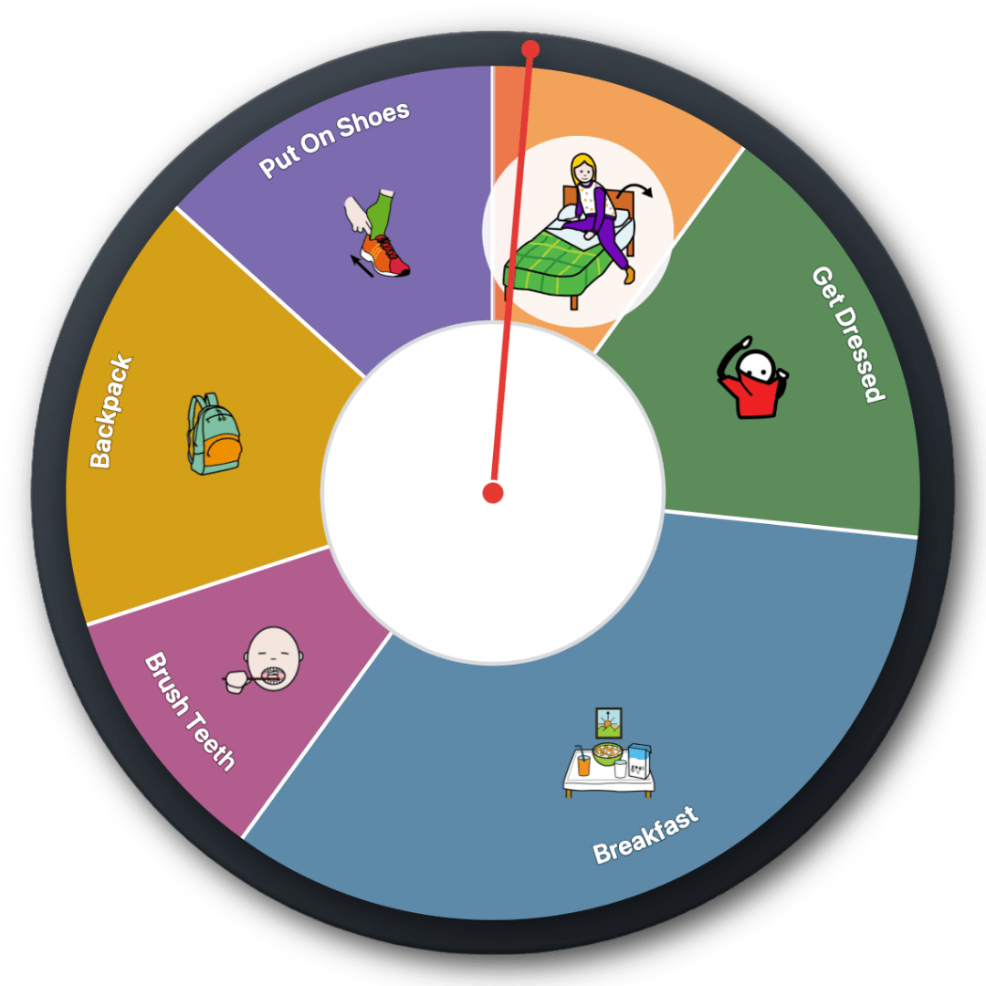 Visual routine clock with sections for getting dressed, breakfast, brushing teeth, backpack, and shoes.