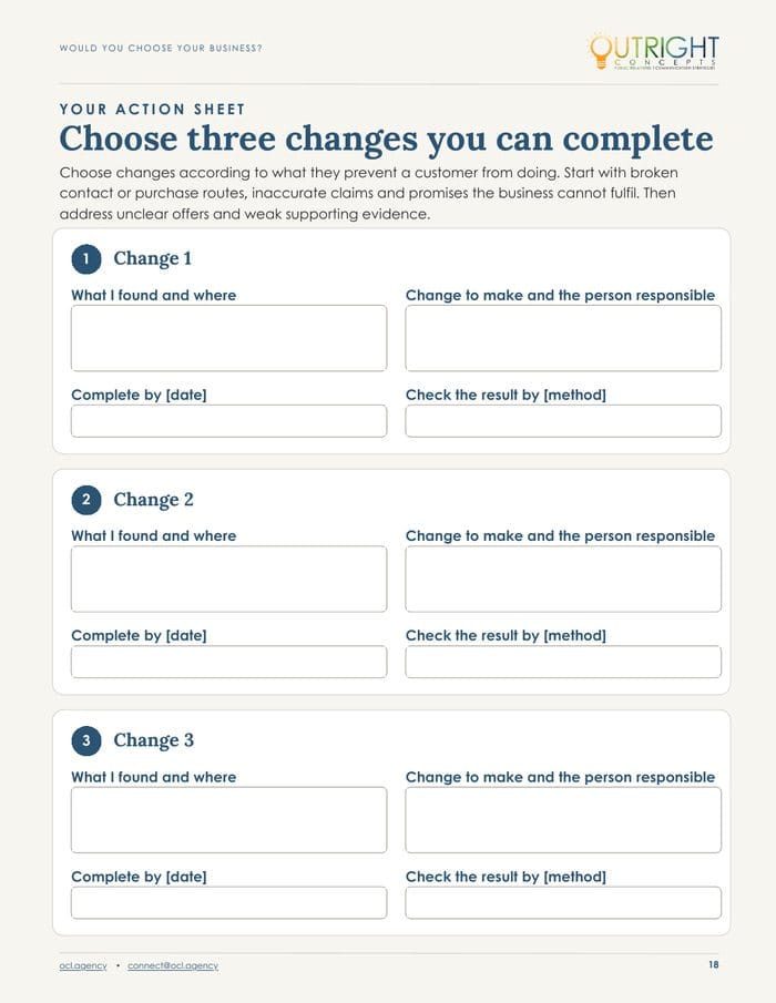 Action sheet page from the workbook
