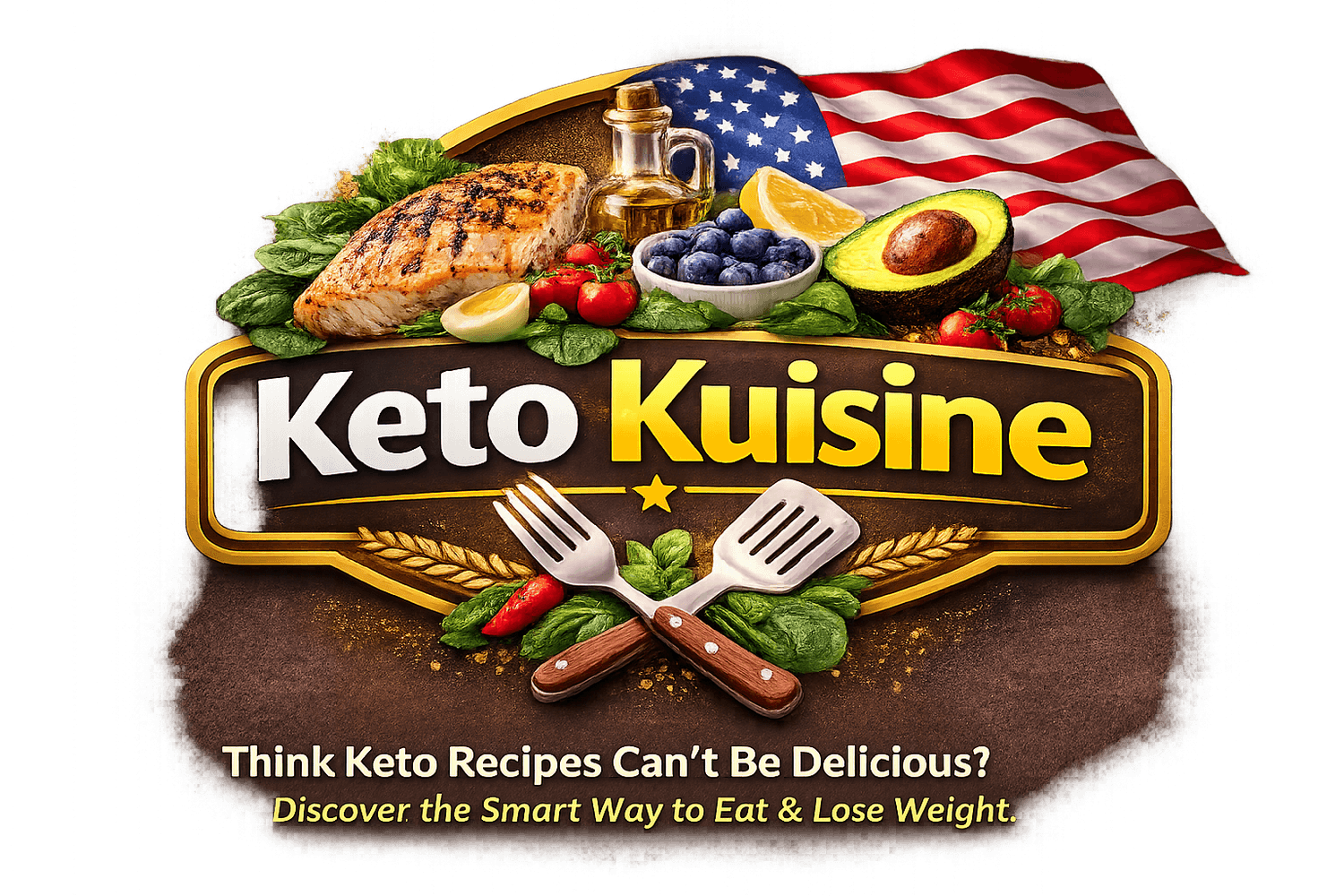 Logo for “Keto Kuisine” featuring grilled salmon, avocado, blueberries, olive oil, spinach, cherry tomatoes, and lemon in front of a waving American flag. The design includes crossed spatulas, wheat accents, and the tagline: “Think Keto Recipes Can’t Be Delicious? Discover the Smart Way to Eat & Lose Weight.”
