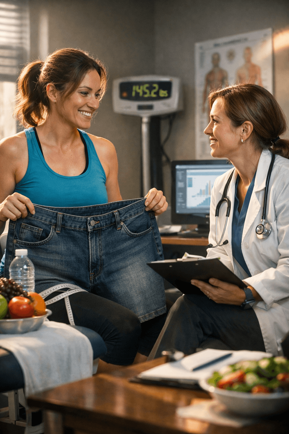A woman in a medical clinic smiles while holding up oversized jeans to show her weight loss progress, as a doctor in a white coat reviews notes on a clipboard. A digital scale in the background displays her current weight, and fresh fruits and vegetables sit on a nearby table, highlighting a supportive, high-quality care environment.