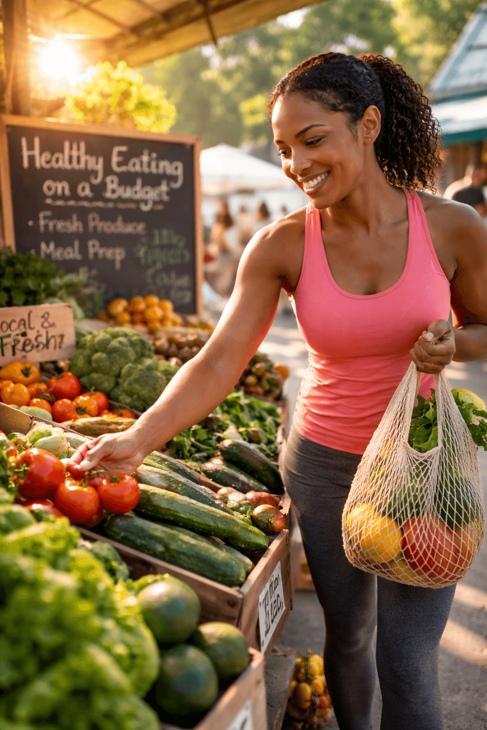 A smiling woman shops at an outdoor farmers market, selecting fresh tomatoes while holding a reusable mesh bag filled with fruits and vegetables. A chalkboard sign behind her reads “Healthy Eating on a Budget,” highlighting affordable and accessible options for weight loss and nutritious living.